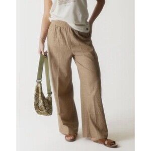 KAVU Women's Tamarindo Pants Basswood Tan Striped Organic Cotton Wide Leg Size M